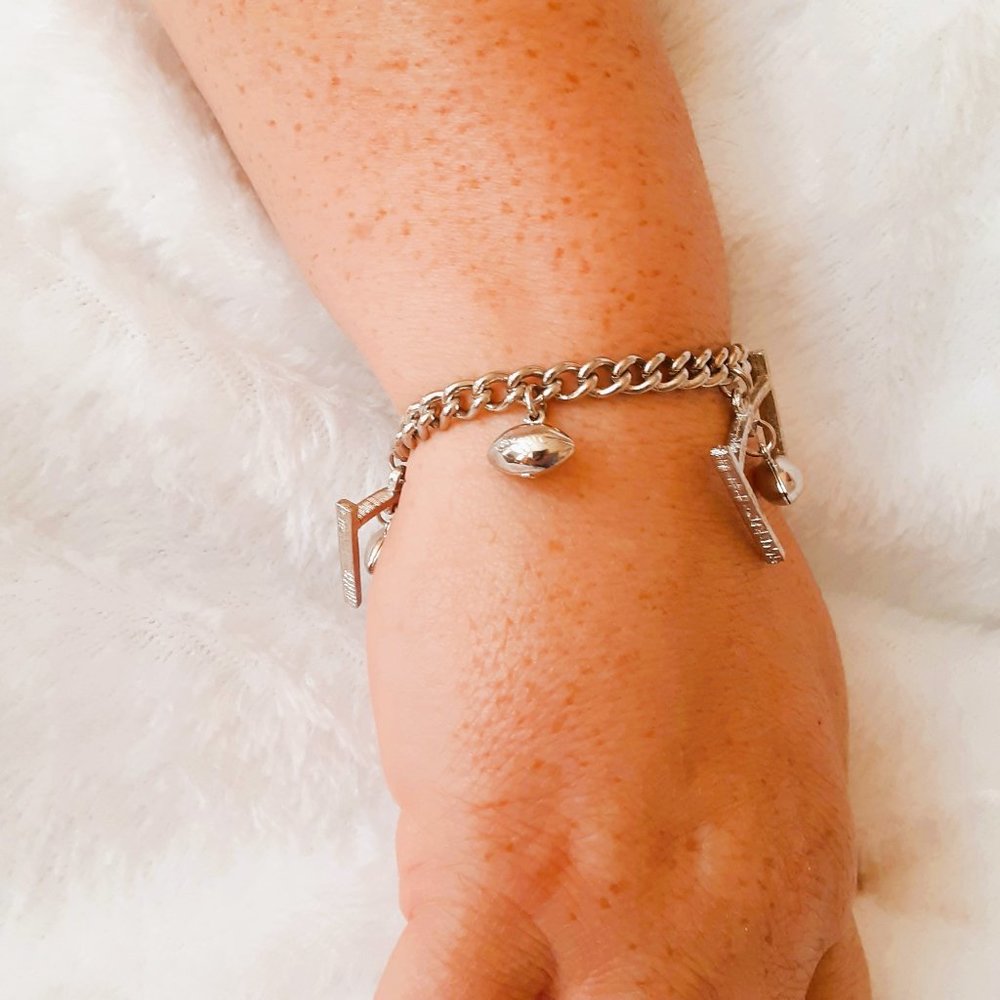 Silver Tone Football Charm Bracelet 7" Sports Jewelry